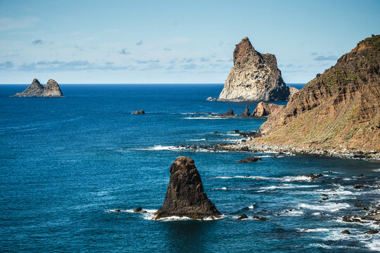 Dramatic volcanic rock formations Benijo rise from the Atlantic Ocean near Anaga Mountains