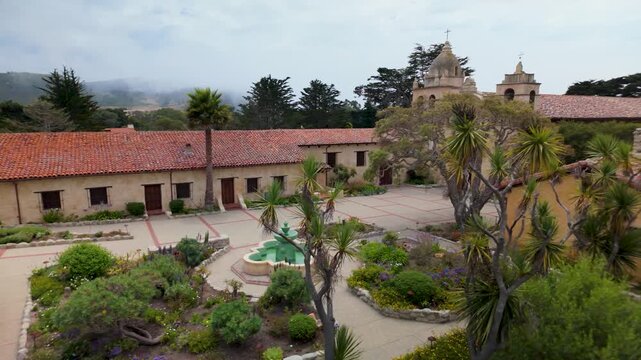Discover views of the Mission church and gardens in Carmel California showing the architecture and landscape from multiple angles