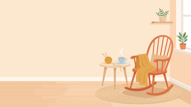 Cozy living room corner featuring a wooden rocking chair with a warm throw blanket with small table tea yarn