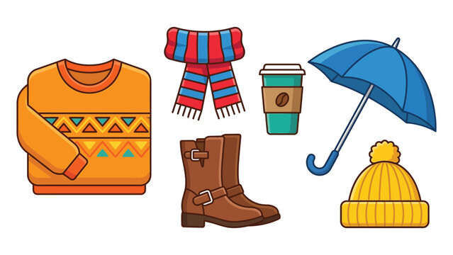 Collection of seasonal autumn clothing accessories and hot beverage icons for graphic design projects