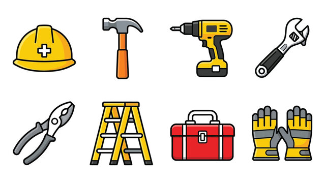 Set of construction equipment icons featuring safety gear and essential hand tools for repair projects