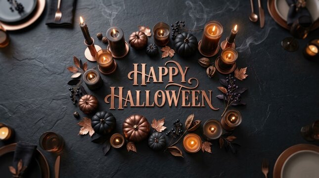 Elegant happy halloween table setting candles pumpkins and autumn decor for a spooky celebration