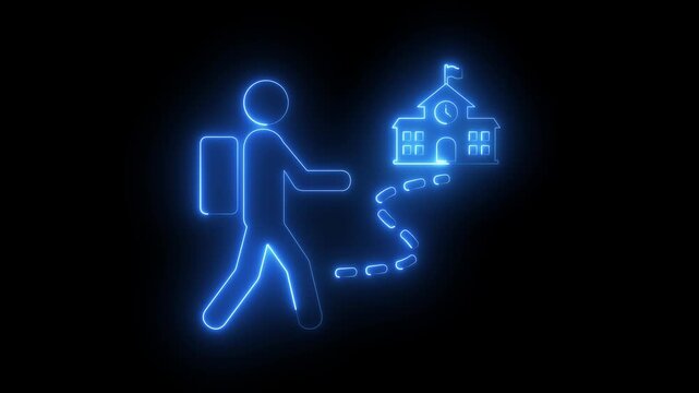 glowing neon student walking to school icon isolated on black background. featuring a person with a backpack following a route to a school building with a clock. 4k video animation.