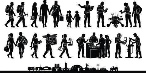 Silhouettes of astronauts and settlers exploring, planting, building habitats, and operating rovers representing teamwork, technology, and extraterrestrial colonization © Abid