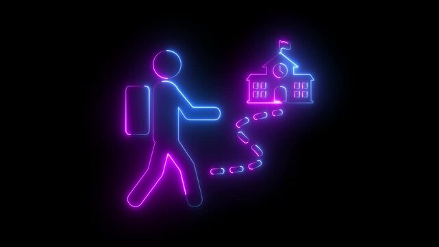 glowing neon student walking to school icon isolated on black background. featuring a person with a backpack following a route to a school building with a clock. 4k video animation.