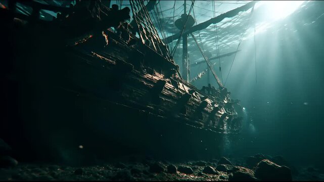 Europe medieval lifestyle. A vivid underwater scene depicts a shipwreck. The ship, partially submerged, is the main subject. Its wooden hull is weathered and rusted.