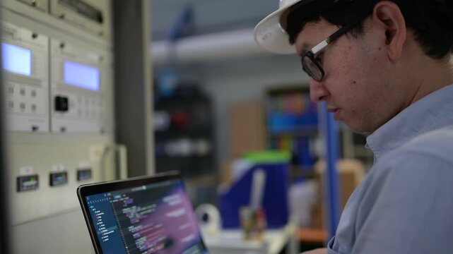 Focused professional male industrial engineer programs an advanced smart factory electrical control cabinet using automation software on a digital laptop inside a modern manufacturing plant.
