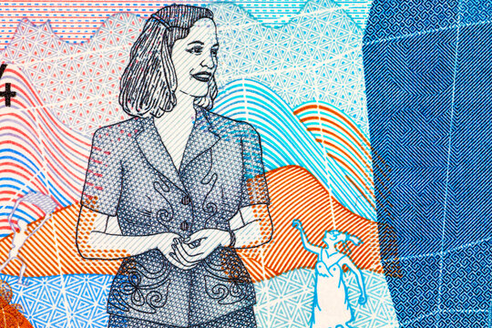 Colombian 2000 Mil Pesos banknote featuring the portrait of artist Debora Arango. Colombian national currency cash.