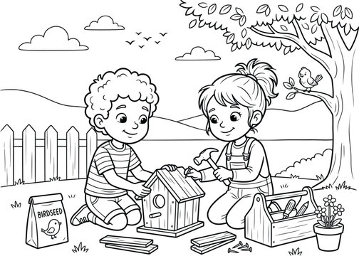 Kids building a birdhouse coloring pages design for children's activities and educational crafts