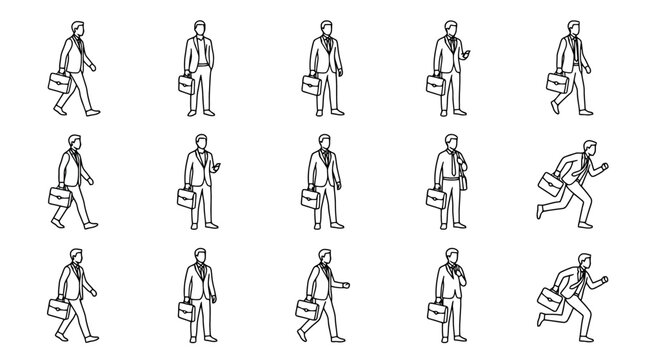 Businessman Collection: Walking, Running, Standing Poses with Briefcase - Line Art