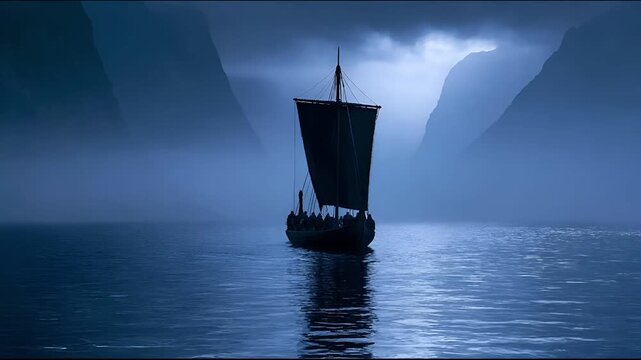 Europe medieval lifestyle. A dramatic, atmospheric portrayal of a Viking ship sailing on calm waters. The ship, with its large, dark sails billowing, is the main subject. A group of people aboard.