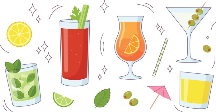 Hand Drawn Cocktail Collection with Mojito Bloody Mary Orange Cocktail Martini Whiskey and Refreshing Summer Drinks Vector Illustration Set