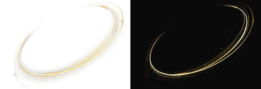 Glowing gold circular light trail, abstract curved swirl oval ring with neon streaks on split gray and black background