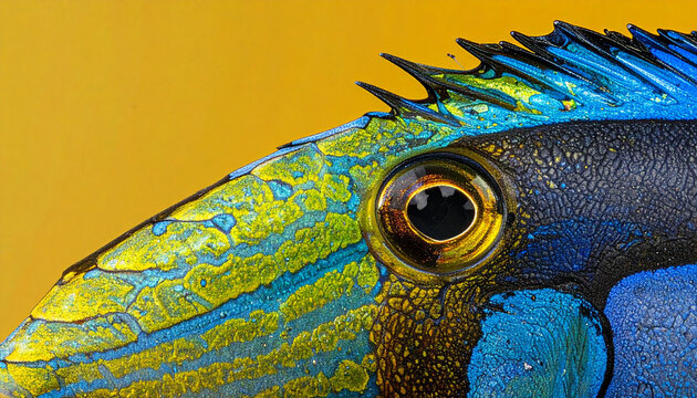 Blue tang fish portrait against pastel yellow background