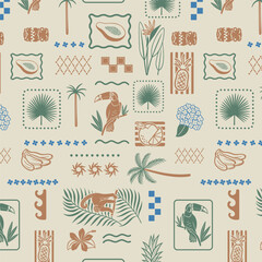 Retro Tropical Island Seamless Pattern with Palm Trees and Exotic Elements © Creative Pulse