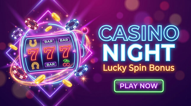 Vibrant neon casino banner featuring a glowing slot machine hitting a 777 jackpot, flying poker chips, and gold coins. "Casino Night" text with a "Play Now" button on a purple background.