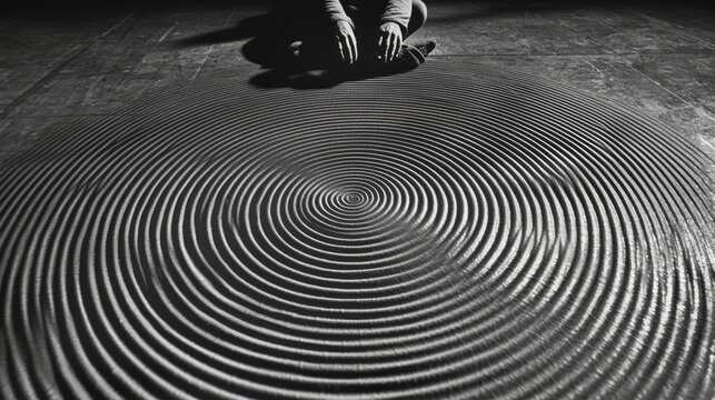 Concentric circle pattern spiral design person sitting hands on floor dramatic lighting monochrome abstract art meditative mood textured surface geometric shapes
