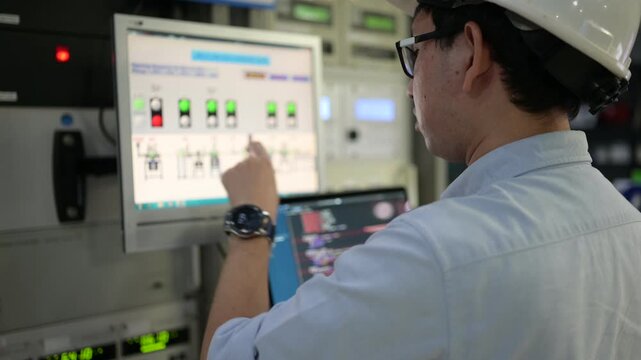 Focused professional male industrial engineer programs an advanced smart factory electrical control cabinet using automation software on a digital laptop inside a modern manufacturing plant.