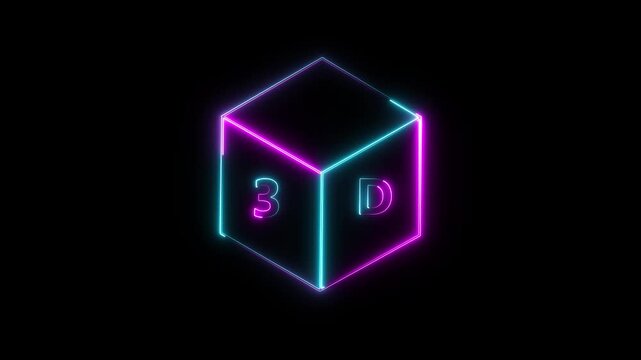 Neon educational cartoon box 3, D icon . Abstract background, Bright colorful mystery gift box opened with glowing 3,D marks .