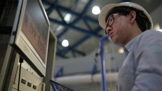 Focused professional male industrial engineer programs an advanced smart factory electrical control cabinet using automation software on a digital laptop inside a modern manufacturing plant.