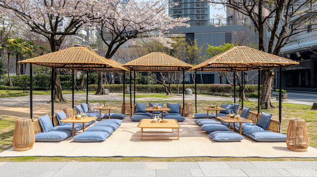Outdoor picnic pastel cushion bamboo umbrella low table cherry blossom spring city park cozy elegant relaxing modern outdoor seating with pastel blue cushions and bamboo umbrellas cherry blossom