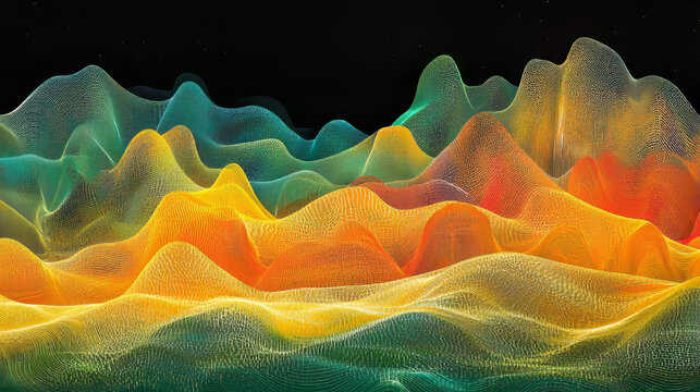 Vibrant abstract landscape with glowing yellow orange and green waves digital mesh texture futuristic energy dynamic motion and surreal atmosphere evoking creativity and wonder