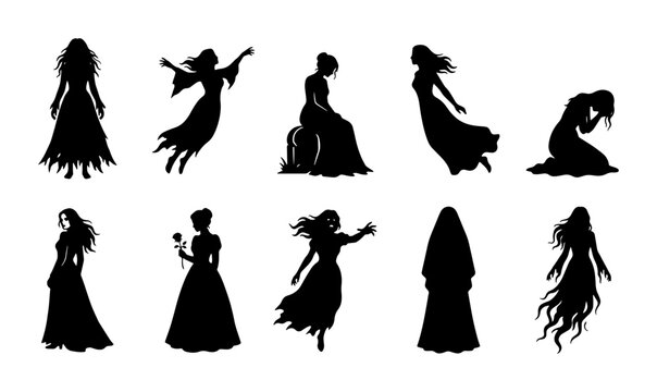 70 Gothic Ghost Silhouettes, Ethereal Female Figures, Spooky Apparitions, Mysterious Women, Halloween Vector Pack 100