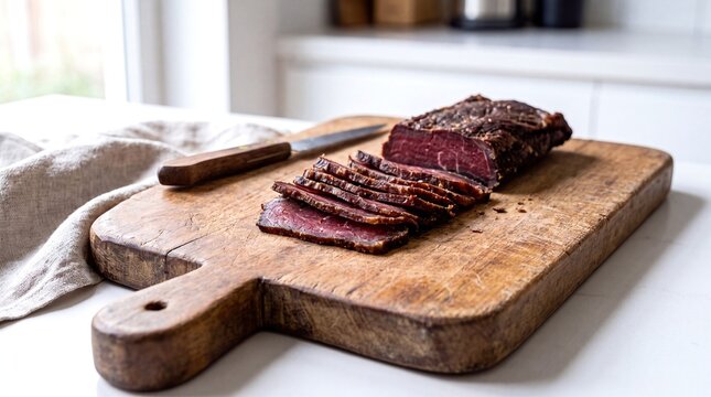 Sliced beef biltong resting on a rustic wooden cutting board in a home kitchen setting