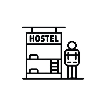 Hostel bunk beds and person line art icon, simple shared accommodation lodging.