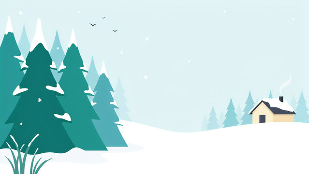 Beautiful winter landscape featuring snowcovered evergreen trees and a cozy house in a serene mountainous setting