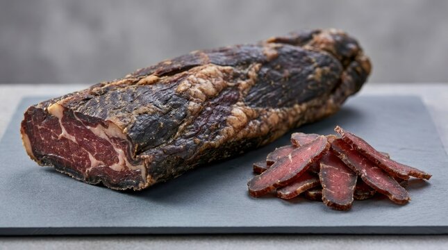 A piece of traditional South African biltong meat served sliced on a dark grey slate board