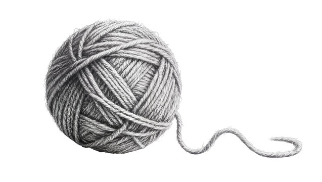 Isolated hand drawn ball of yarn with a loose end, detailed sketch for knitting and craft.
