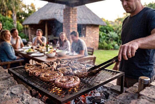 A man grilling traditional South African braai meat on an open fire with friends in the background