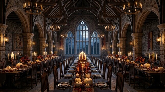 Spectacular happy halloween feast a grand hall celebration with pumpkins candles and autumn decor