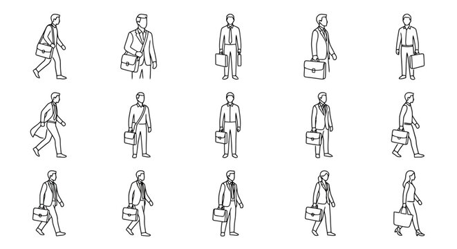 Collection of Business People Walking with Briefcases, Hand-Drawn Sketch Style