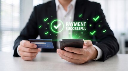 Obraz premium successful online payment and secure digital transaction showing businessman holding credit card and smartphone with green checkmark holographic display. e commerce checkout and mobile banking confirm