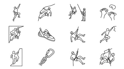 Rock Climbing Icons Set: Climbers, Gear, and Movements - Minimalist Line Art