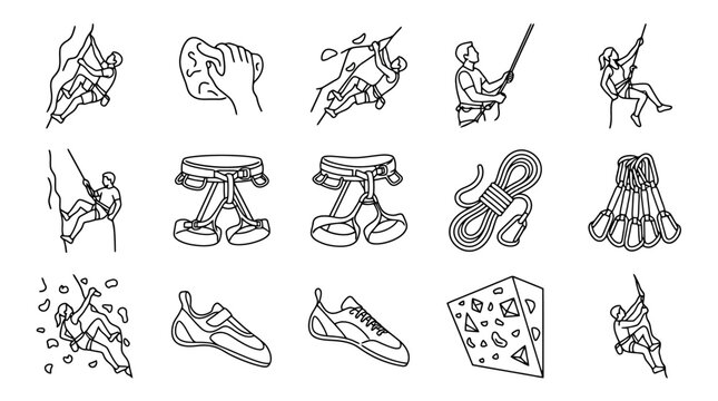 Rock Climbing Gear and Athletes: Hand-Drawn Vector Icons Set