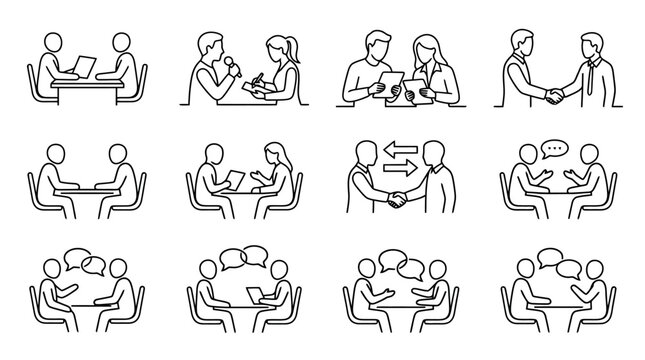 Business Meeting Icons: People Discussing, Shaking Hands, Collaborating, Interviewing