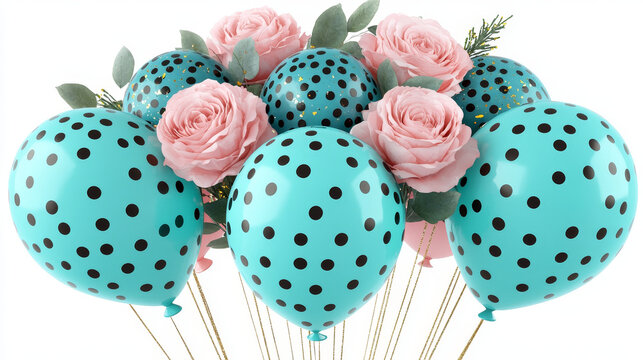 Elegant turquoise polka dot balloon bouquet with pink rose flower arrangement, green leaves, festive party decoration, cheerful and stylish celebration atmosphere