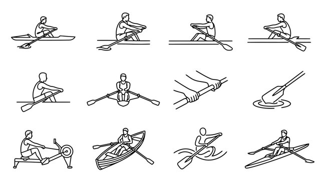 Rowing Sports Icons: Single Scull, Double Scull, Pair, Quad, Indoor Rower