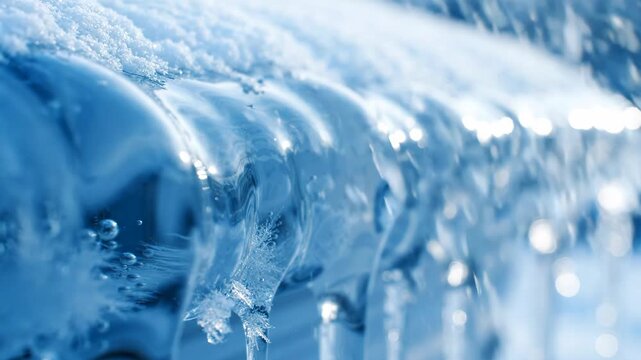 Closeup of frozen icicles hanging from a ledge with snow and soft bokeh background