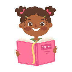 Cute smiling girl reading a pink book. Flat cartoon vector illustration.