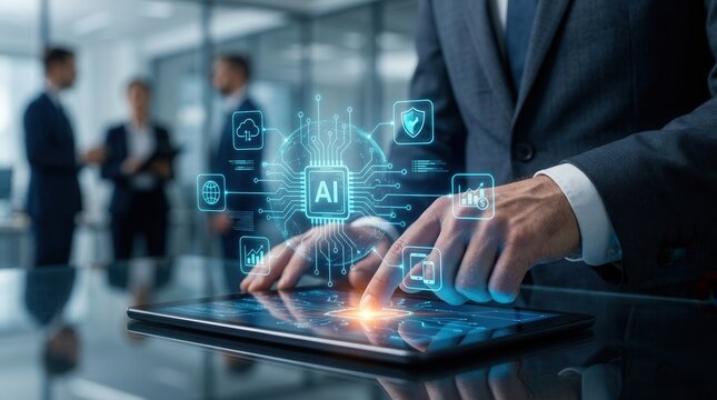 AI platform connecting cloud services, security, finance and mobile workflows to enable data analytics and automation for modern digital business.