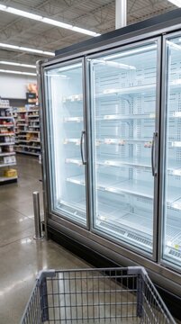 Empty refrigerated supermarket display during food shortage, supply chain disruption, retail crisis, consumer preparedness, inventory depletion.