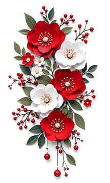 Red and white paper flowers with red berries and green leaves on white Keywords: paper flowers, red