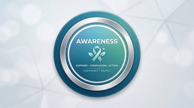 Metallic circular badge featuring awareness ribbon icon with support compassion with displays polished circular metallic badge centered soft white geometric background