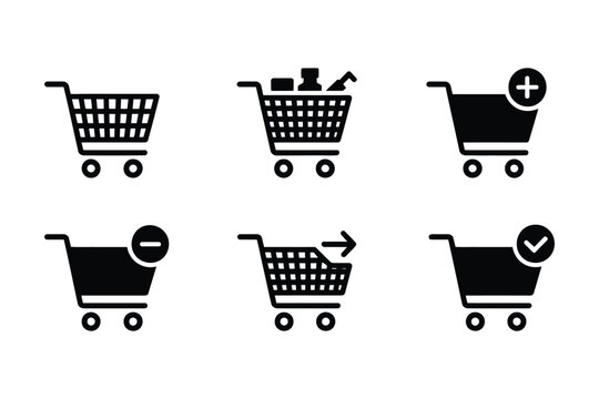 Shopping cart icon set, ecommerce checkout, product selection, online store interface and digital shopping symbols, monochrome flat vector illustration