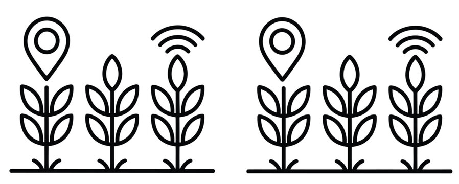 Farming Technology Icons vector. GPS and wireless connectivity symbols for crop monitoring, smart agriculture, precision farming, automation, and digital farm management.