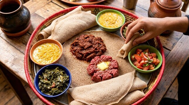 Authentic Ethiopian dining experience featuring injera bread with spicy meat stews and flavorful vegetable sides platter